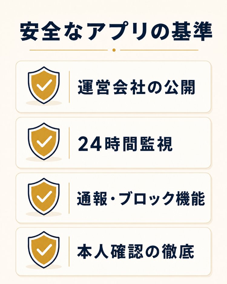安全なやれるアプリを見極める4つの基準(運営会社の公開・24時間監視・通報ブロック機能・本人確認の徹底)を示したチェックリスト