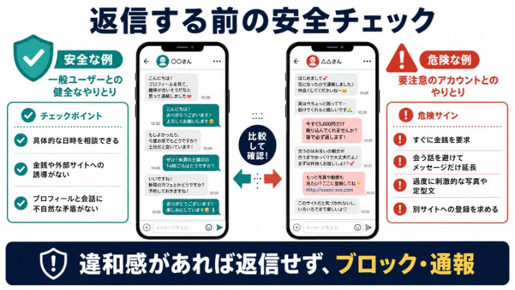 具体的な日程調整の有無や金銭要求などから、一般利用者と要注意アカウントを見分けるチェック図