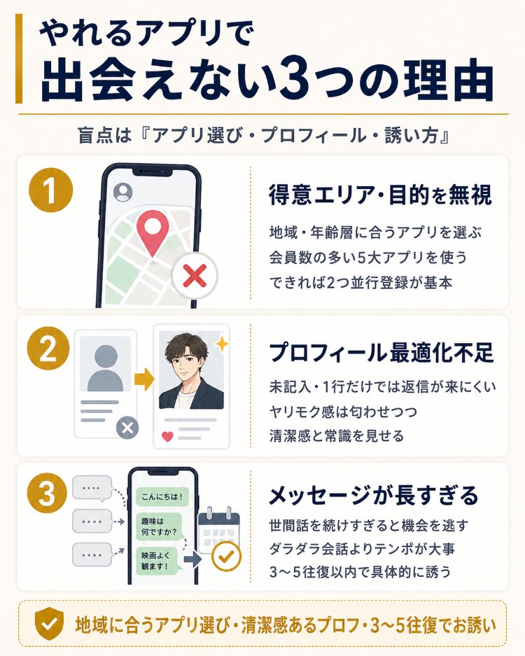 やれるアプリで出会えない3つの理由をまとめた図
