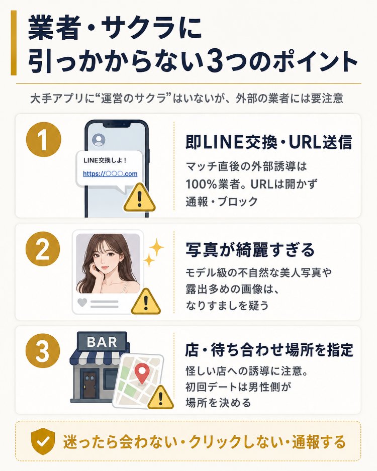 業者やサクラに引っかからないための3つのポイントをまとめた図