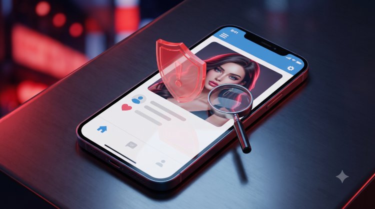 スマートフォンの画面に表示される、不自然な美女プロフィールとセキュリティ警告マークの3Dイメージ