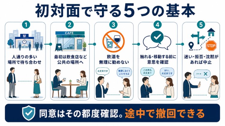 公共の場所での待ち合わせや飲酒の強要禁止、継続的な同意確認など初対面の安全原則を示した図