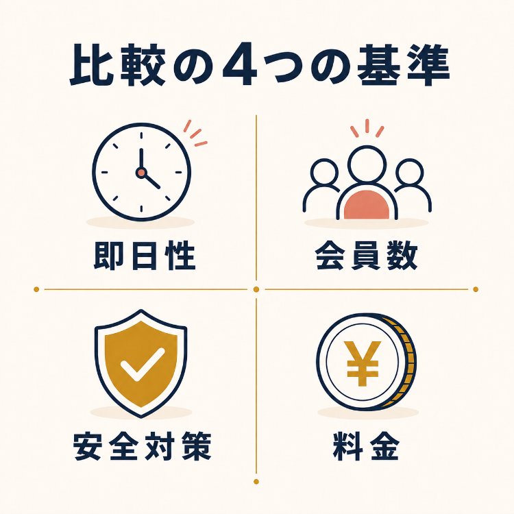 やれるアプリを選ぶ際の即日性・会員数・安全対策・料金という4つの比較基準を示した図