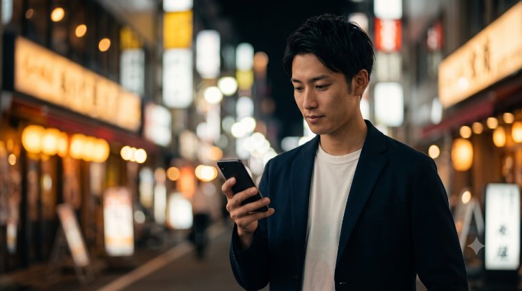 スマートフォンを操作しながら夜の街で大人の出会いを探すスタイリッシュな男性
