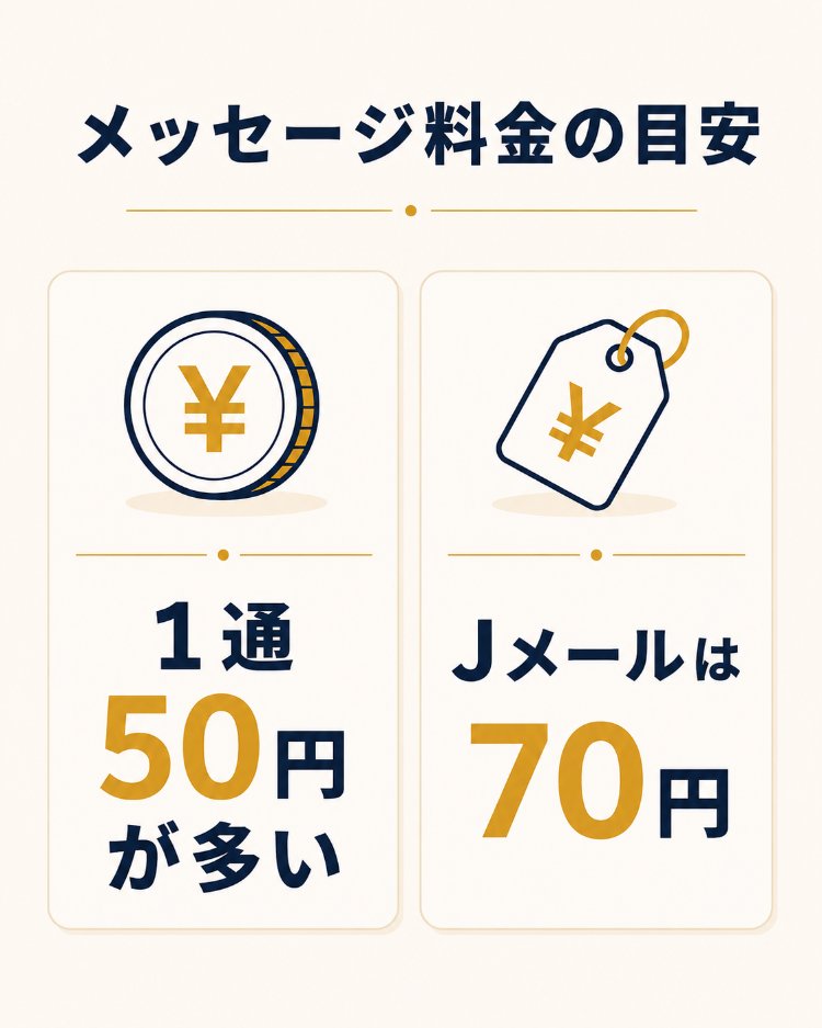 やれるアプリのメッセージ送信料金の目安(1通50円が多い・Jメールは70円)を比較した図