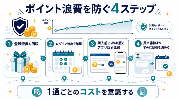 登録特典、ログイン特典、購入方法の比較、早めの日程調整でポイント消費を抑える4ステップ