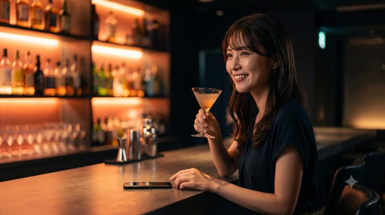 お洒落な間接照明が照らすバーのカウンターで、楽しそうにスマートフォンを操作する女性のイメージ